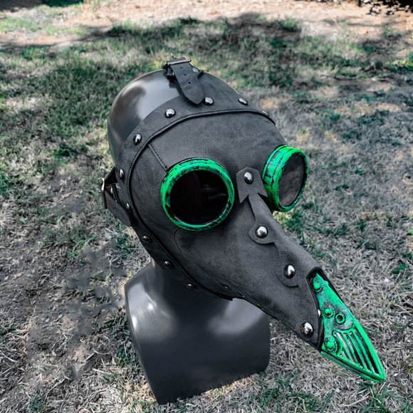 Grey Leather Plague Doctor with Green Goggles Masquerade Venetian Party Mask - Picture 2 of 2